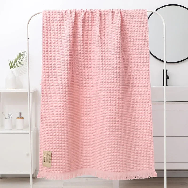 DecorBites™ Geometric Tassel Bath Towel - 100% Cotton, Quick-Dry, Multi-colored Waffle Design - 90x180cm