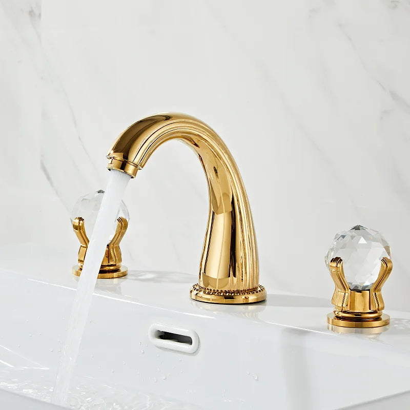 DecorBites™ Gold Crystal Handle Basin Faucet, 3 Hole Widespread Bathroom Sink Tap