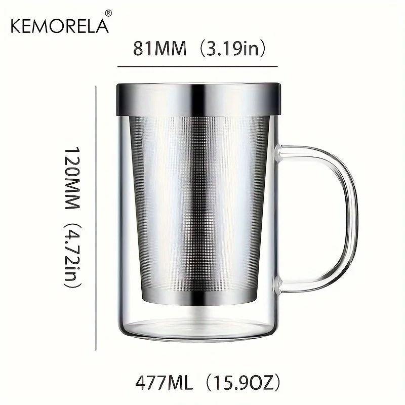 DecorBites™ 477ML Glass Tea Infuser Mug | Borosilicate Glass with Stainless Steel Infuser