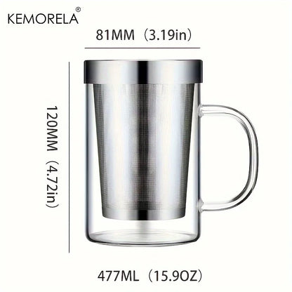DecorBites™ 477ML Glass Tea Infuser Mug | Borosilicate Glass with Stainless Steel Infuser