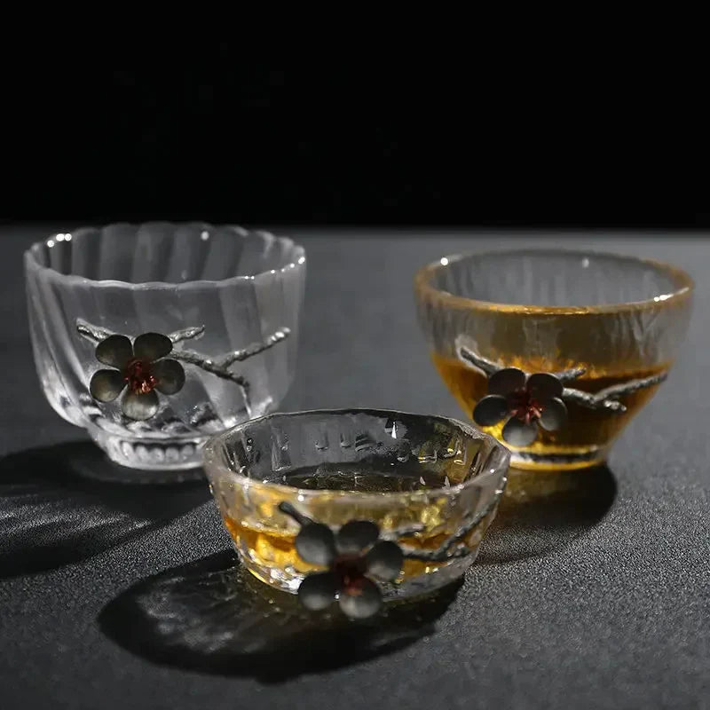 DecorBites™ Carved Tin Glass Tea Cup Set - Heat Resistant, Puer Chinese, Elegant Design
