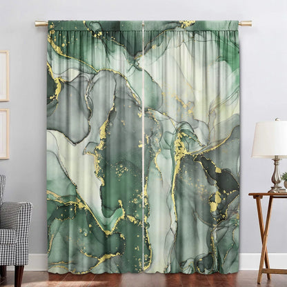 Decobites Green Marble Rod Pocket Curtains for Home Decoration