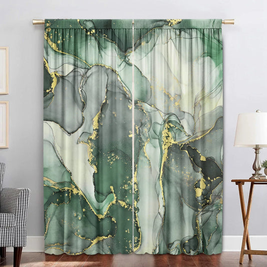 DecorBites™ Green Marble Rod Pocket Curtains for Home Decoration