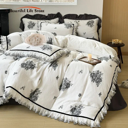 Decobites Ruffled Embroidery Cotton Bedding Set: Duvet Cover, Sheet Set, Pillowcase