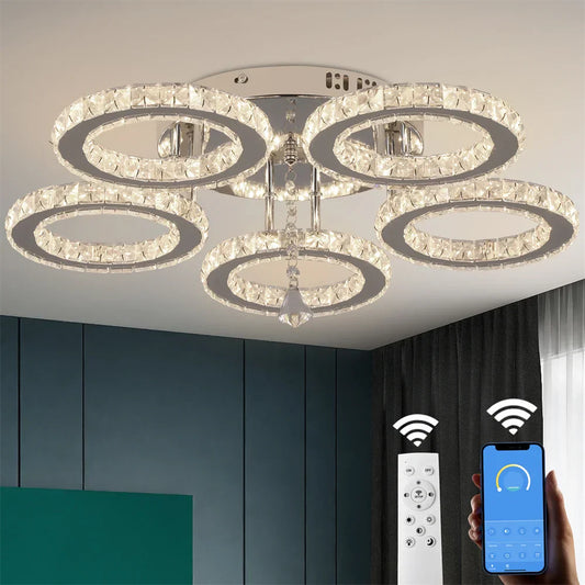 DecorBites™ Crystal Flush Mount Chandelier: App Dimmable Rings Shape Ceiling Light