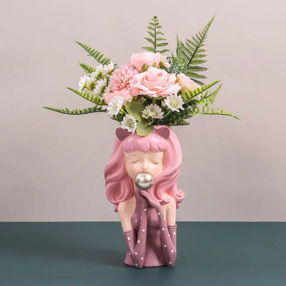 DecorBites™ Bubble Gum Girl Flower Vase - Stylish Resin Plant Pot for Home Decor