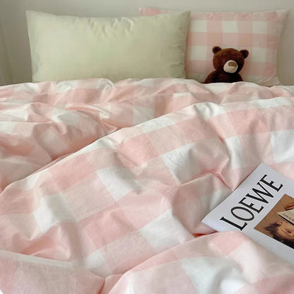 DecorBites™ Juegos de cama de algodón acogedor con diseño de cuadrícula para dormitorios estudiantiles - Ropa de cama tamaño Queen/King