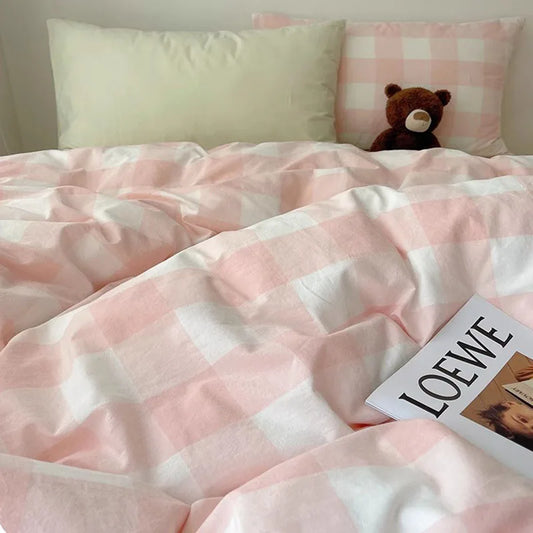 DecorBites™ Juegos de cama de algodón acogedor con diseño de cuadrícula para dormitorios estudiantiles - Ropa de cama tamaño Queen/King