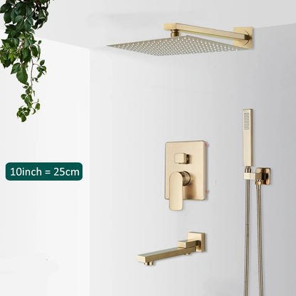 Quyanre Brushed Gold Shower Faucets Set Bathroom Wall Mounted Shower System Embedded Box Shower Mixer Tap Rainfall Shower Faucet