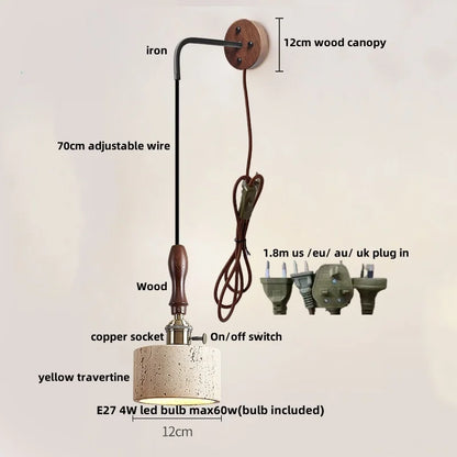 DecorBites™ مصباح حائط LED من الخشب والنحاس من حجر الترافرتين الأصفر بجانب السرير