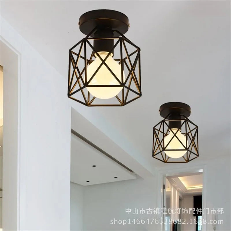 Industrial Ceiling Lamp Shade Fixture For Hallway Entrance Aisle Porch Square Diamond Iron Chandelier Pendant Light WY507