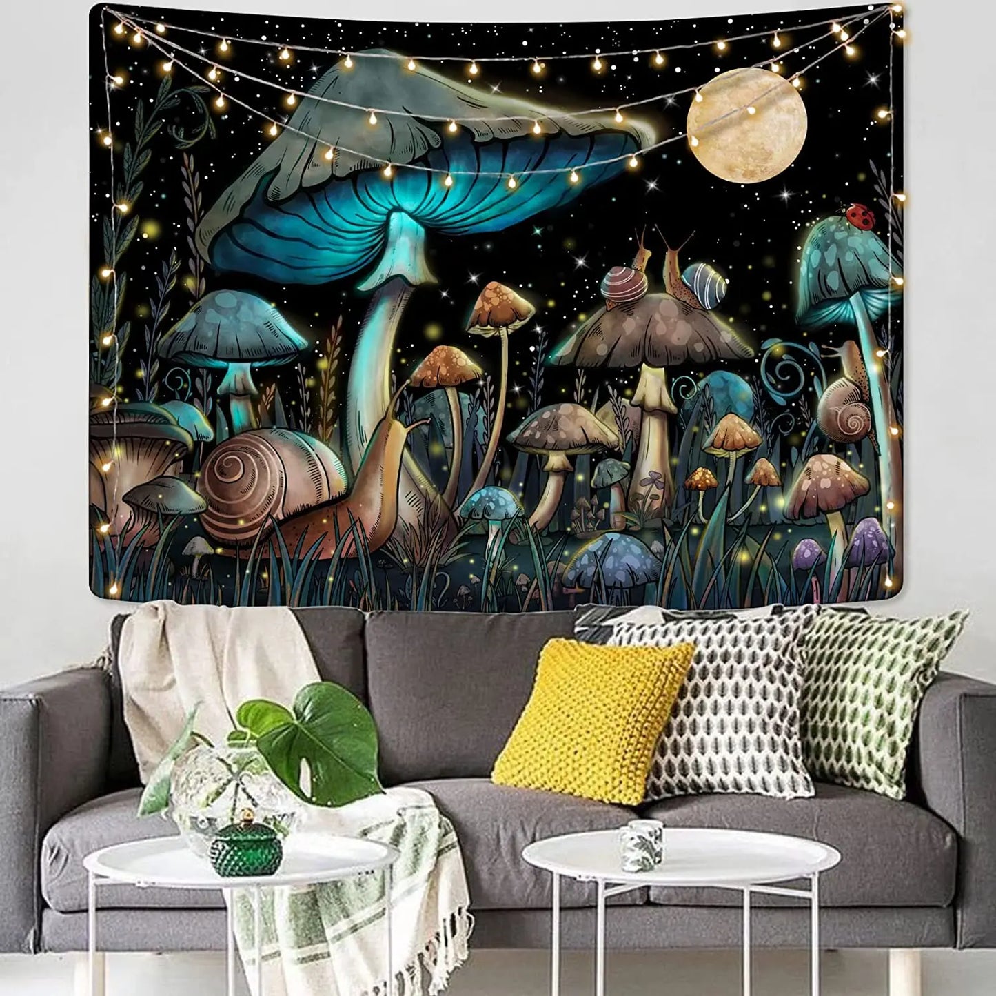 Decobites Mushroom Snail Moon Anime Tapestry Cute Dark Nature Wall Hanging