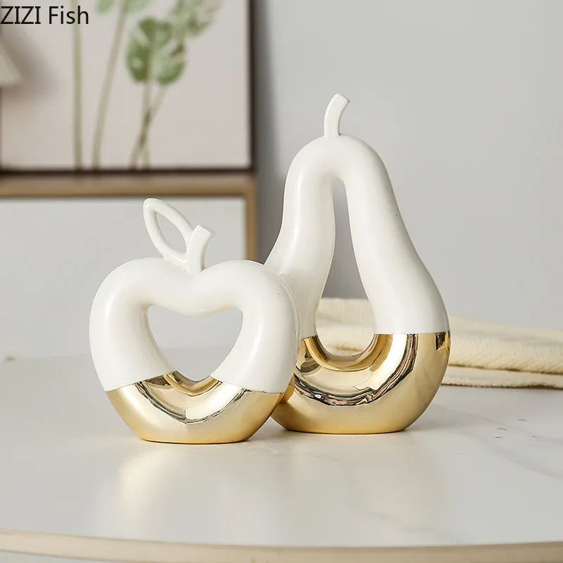 Estatua de Pera de Manzana de Oro Decorbites™ Ornamentos Cerámicos Decoración de Escritorio Escultura Artesanal Moderna