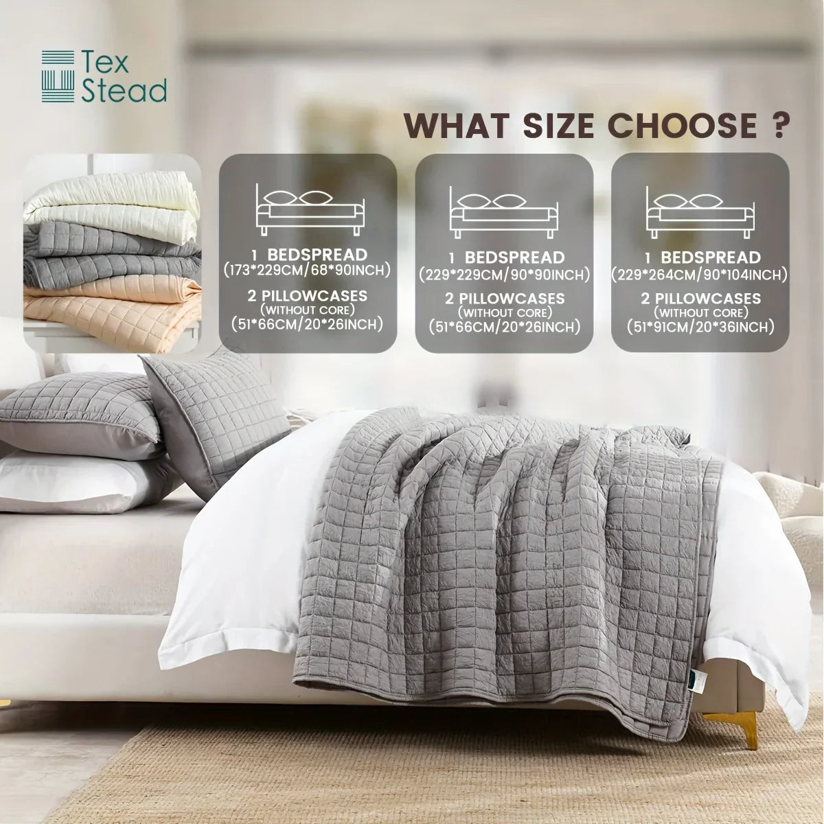 Decobites Soft Crumpled Bedspread Set (1 Bedspread + 2 Pillowcases) - Breathable & Comfortable