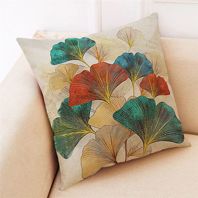غطاء وسادة من الكتان بنقشة أوراق الجنكة من DecorBites™ للديكور المنزلي العصري وغرفة المعيشة