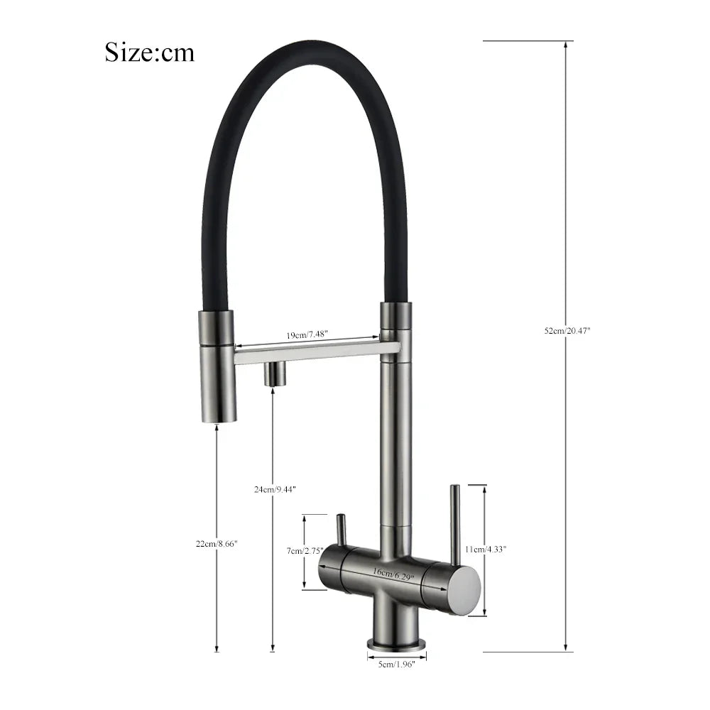 Grifo de cocina filtrado negro Decorbites™ de latón con doble manija para agua pura mezcladora