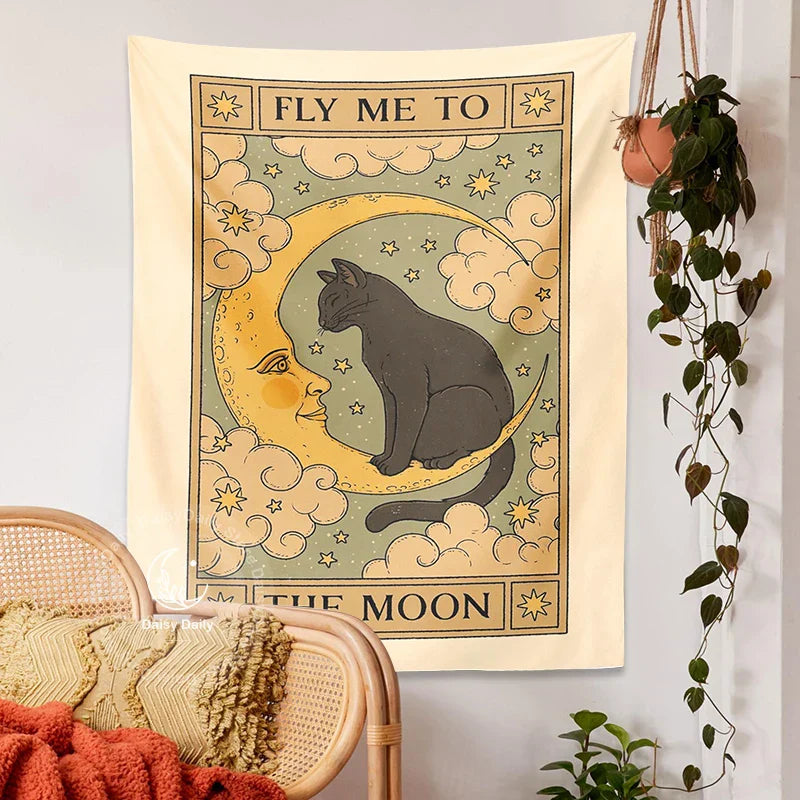 Decobites Moon Cat Tapestry Wall Hanging - Psychedelic Star Aesthetic Home Room Decor