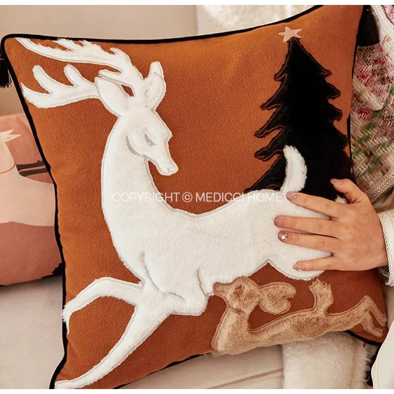 DecorBites™ Handmade Reindeer Applique Embroidery Christmas Cushion Cover - Festive Xmas Holiday Decor