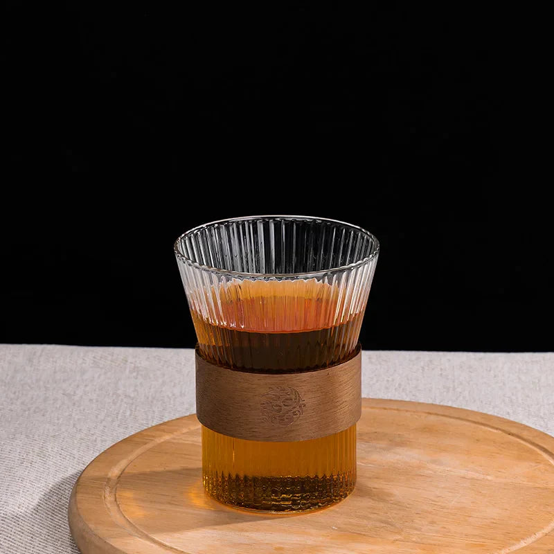 DecorBites™ Japanese Glass Tea Cup Set with Walnut Sleeve - High Quality Transparent Drinkware