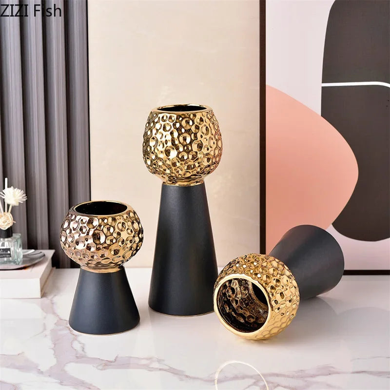 Jarrón de cerámica con patrón de martillo dorado Decorbites™: Maceta creativa para decoración de mesa y arreglo floral