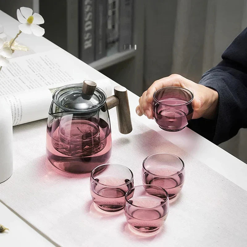 DecorBites™ Glass Tea Pot with Wooden Handle - Heat Resistant, Chinese Kung Fu Tea Set