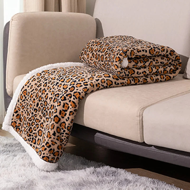 DecorBites™ Double Layer Leopard Print Coral Fleece Blanket - 150X200Cm Office Bedspread
