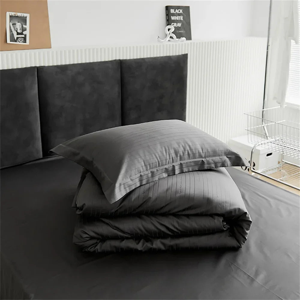 Decobites Grey Lines Stripes Duvet Cover Set Cotton Satin Jacquard Queen King Size