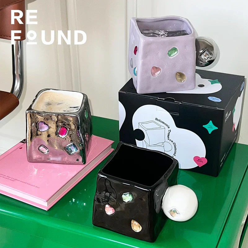 DecorBites™ Diamond Ceramic Square Americana Coffee Mug Set - Handcrafted Jewelry Inspired Drinkware