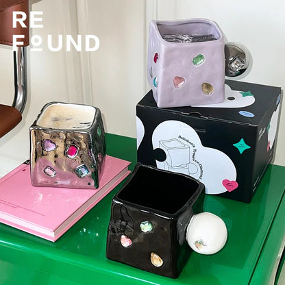 DecorBites™ Diamond Ceramic Square Americana Coffee Mug Set - Handcrafted Jewelry Inspired Drinkware