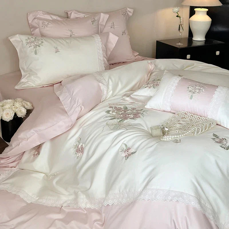 Decobites Flowers Embroidery Lace Princess Bedding Set 1000TC Egyptian Cotton Duvet Cover Set