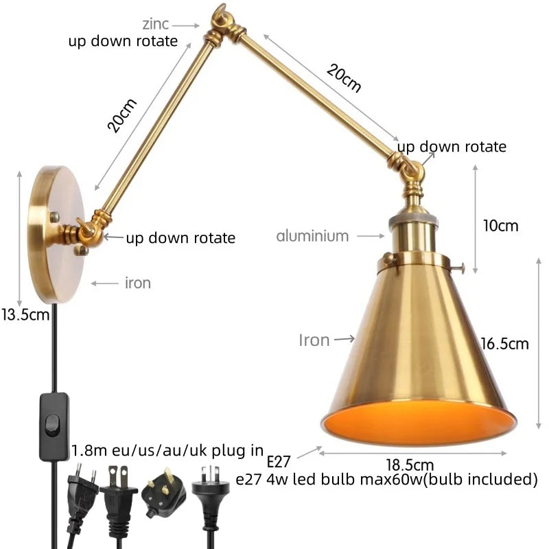 Lámpara de pared de brazo largo LED Decorbites™ con interruptor de cadena de tiro para hogar, hotel y baño