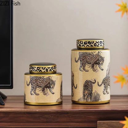 DecorBites™ Leopard Pattern Tank Ceramic Storage Jar with Lid for Jewelry and Cosmetics