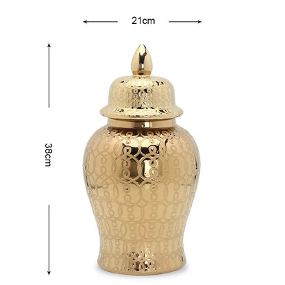 DecorBites™ Golden Pattern Porcelain Ginger Jar Vase with Lid for Home Decor