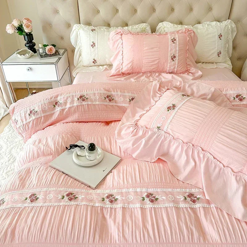 Decobites Princess Pink Lace Gauze Bedding Set Queen Duvet Cover Elegant Ruffled Comforter