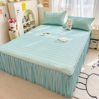 DecorBites™ Cool Fabric Latex Bed Skirt Set: Solid Color Summer Mat with Elastic Band