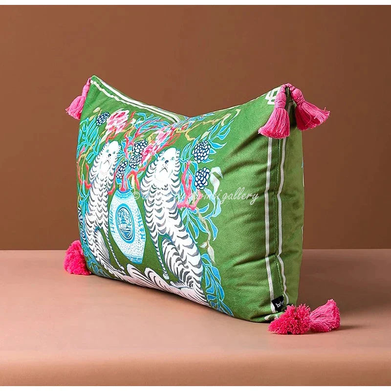 DecorBites™ Handmade Lumbar Pillow Case Lion Dog Floral Decorative Cover