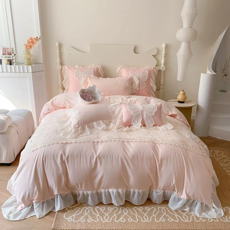 Decobites Romantic Lace Ruffles Bedding Set with Bow Decoration - Pink Girls Duvet Cover Set