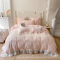 Decobites Romantic Lace Ruffles Bedding Set with Bow Decoration - Pink Girls Duvet Cover Set