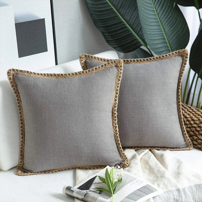 DecorBites™ Hemp Rope Edging Lotus Leaf Hug Pillowcase - Medium Cotton Linen Cushion Cover