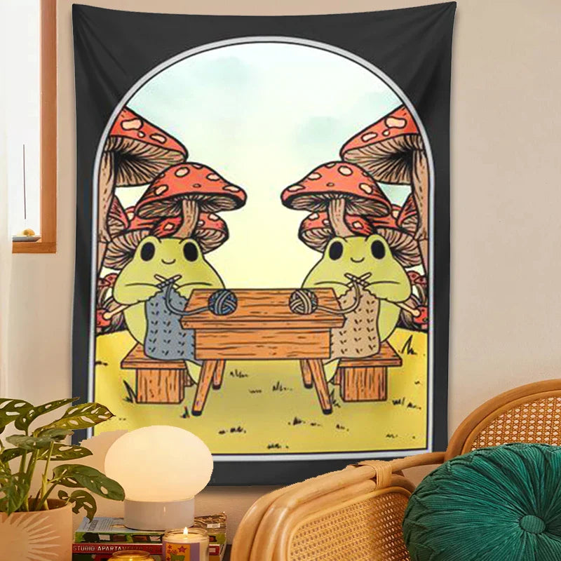 Frog Mushroom Tapestry Wall Hanging for Boho Decor by Decobites