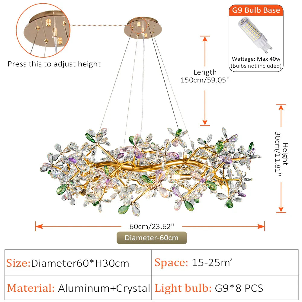 DecorBites™ Crystal Flowers Chandelier Gold LED Tree Branch Luxury Chandelier