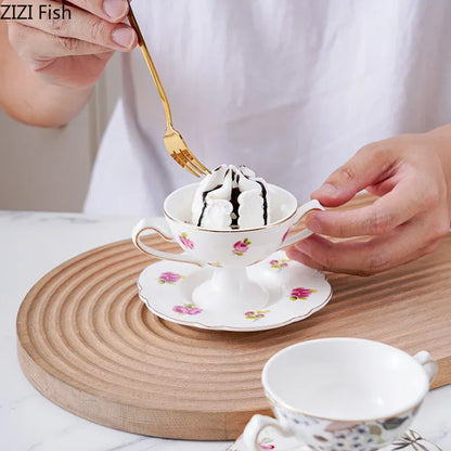 DecorBites™ Gold Flower Porcelain Goblet Cup Tea Coffee Mug Juice Cup