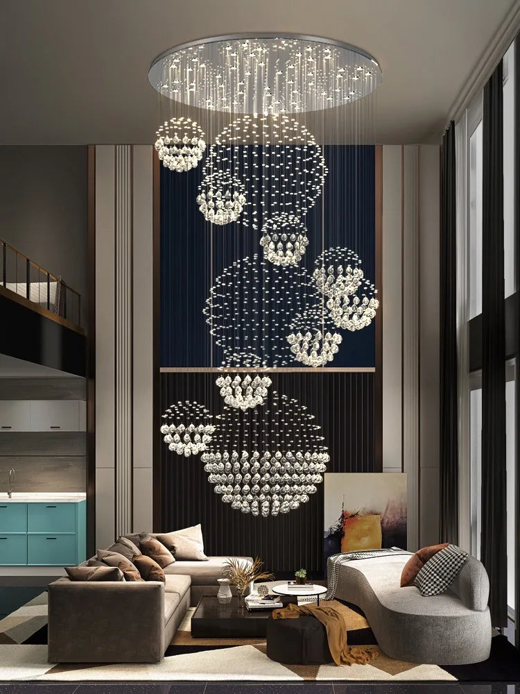 Lámpara de araña de bola de cristal DecorBites™: Lámpara colgante espiral LED moderna para escaleras, sala de estar y vestíbulo.