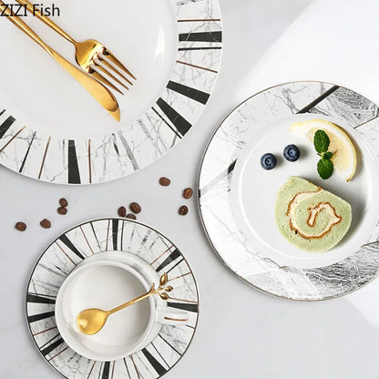طقم أكواب وصحن سيراميك من ديكوربايتس™ بتصميم رخامي مذهب لطاولة الطعام والشاي والقهوة