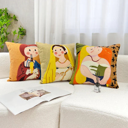 DecorBites™ Cartoon Oil Painting Embroidery Throw Pillow for Office Chair and Living Room