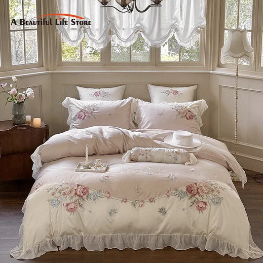 Decobites Floral Embroidered Princess Bedding Set - 1000TC Egyptian Cotton Luxe Collection