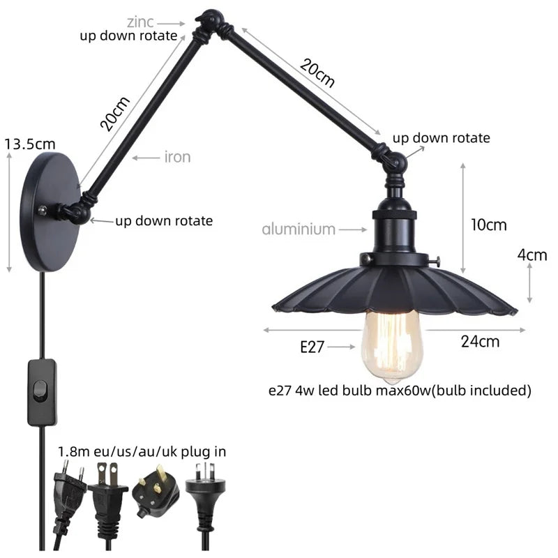 DecorBites™ Gold Industrial LED Wall Lamp with Pull Chain Switch for Home Decor