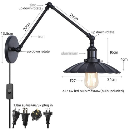 DecorBites™ Gold Industrial LED Wall Lamp with Pull Chain Switch for Home Decor