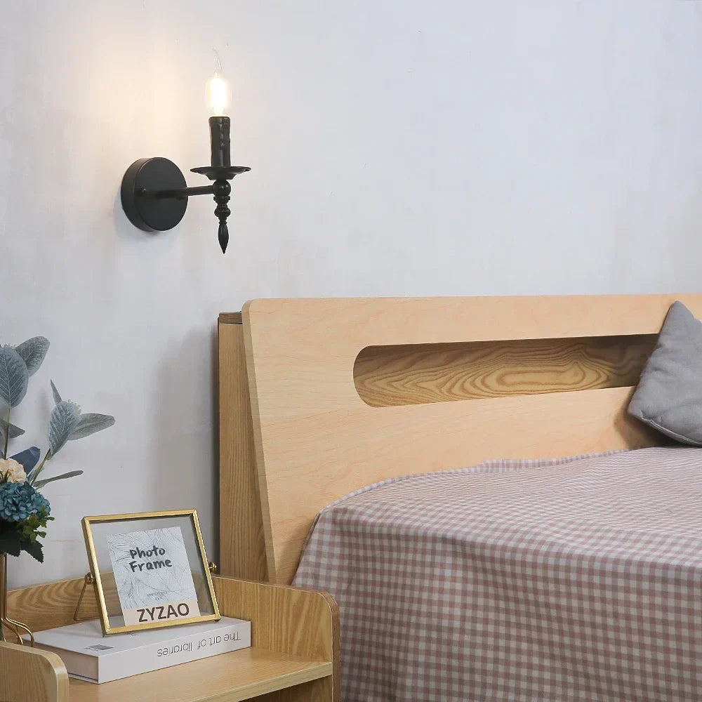 DecorBites™ Iron Art Wall Lamp: Retro Black Candle LED Sconces for Living Room, Bedside & Corridor