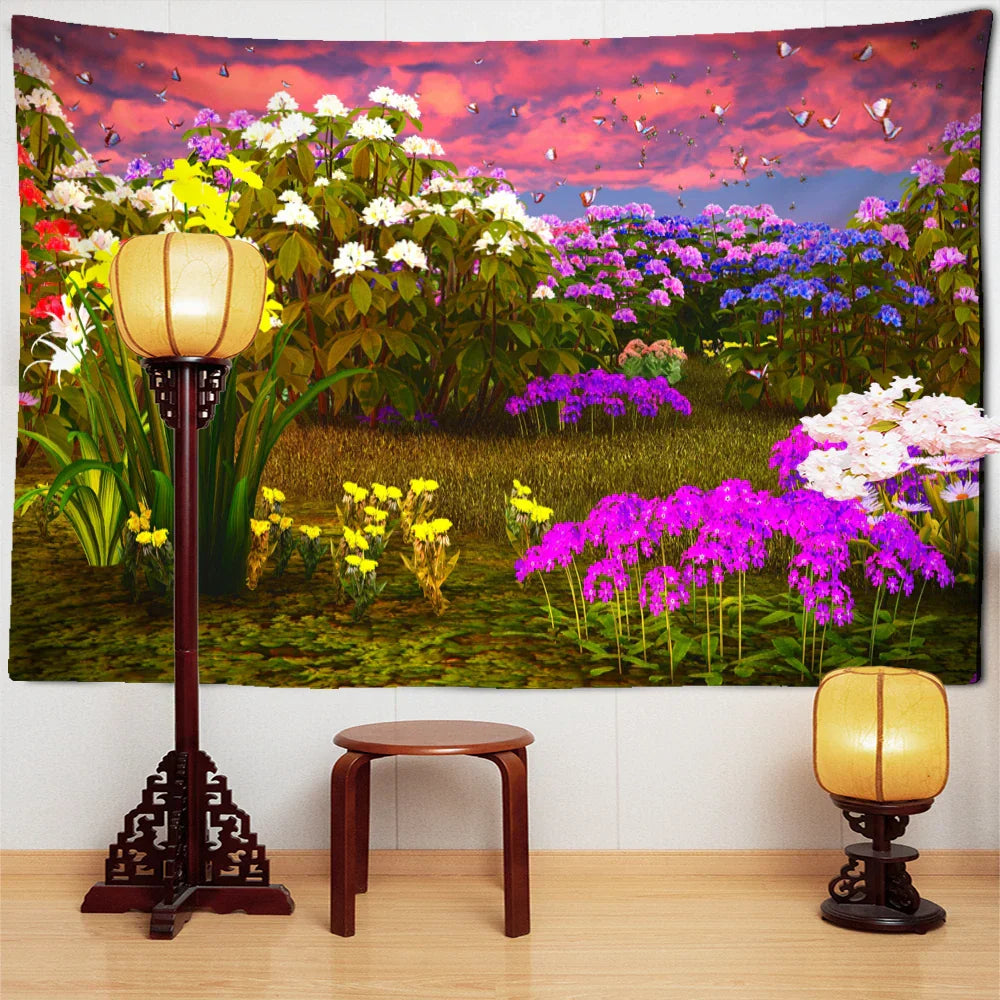 Rhododendron Bush Landscape Tapestry by Decobites: Psychedelic Hippie Wall Decor for Living Room